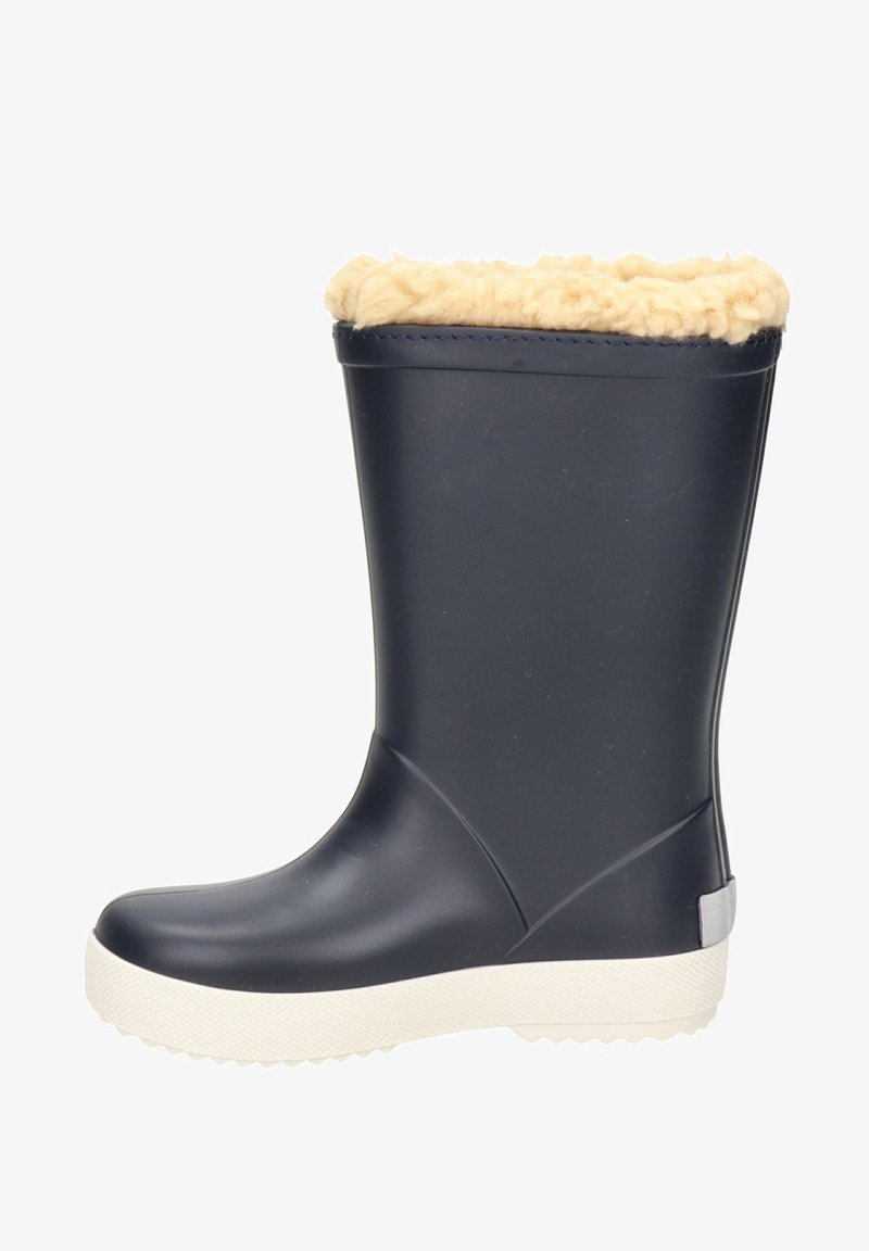 Botte de pluie en caoutchouc marine avec une semelle texturée blanche et une doublure en fausse fourrure marron sur le dessus, présentant une surface lisse et un design de bout arrondi.