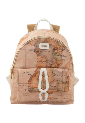 Zaino con design a mappa vintage che mostra parti dell'Africa e dettagli in pelle beige sulla cerniera e le cinghie.