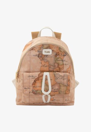 Zaino con design a mappa vintage che mostra parti dell'Africa e dettagli in pelle beige sulla cerniera e le cinghie.