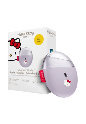 Dispositif rafraîchissant d'hydratation faciale sur le thème Hello Kitty avec design ovale compact, dessus transparent et étiquette rouge, présenté à côté de sa boîte blanche de produit.
