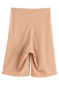 Beige shorts valmistettu sileästä kankaasta, jossa on joustava vyötärö ja suora leikkaus. Sisäpuolella on pyöristetty haaraosa mukavuutta varten.