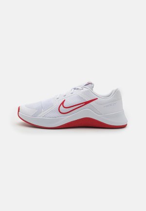 White athletic shoe with red sole and red Nike swoosh logo on the side, mesh upper, and lace-up closure.