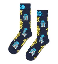 Námornícke modré ponožky s žltými a modrými vzormi R2-D2 a C-3PO a logom "STAR WARS" na vrchu. Pletená textúra, dĺžka po členok.