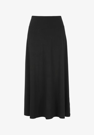 Sort, ankel-langt nederdel lavet af blødt stof. Har en tætsiddende talje og en flydende, A-formet silhuet uden synlige mønstre eller udsmykninger.