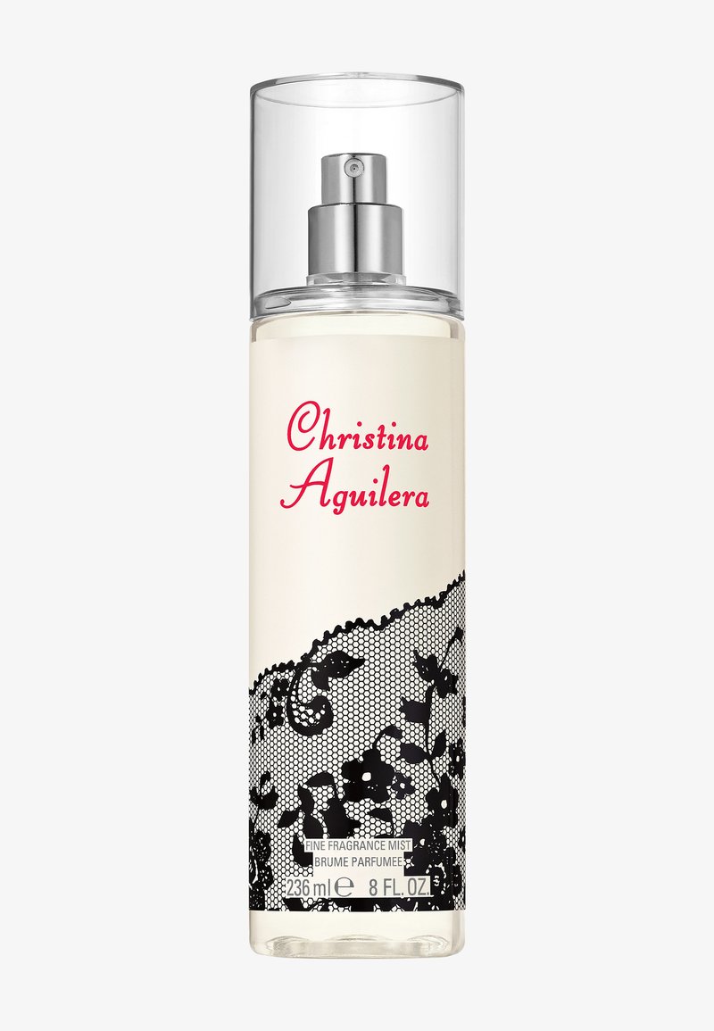 Flacon transparent de brume parfumée fine Christina Aguilera avec motif en dentelle florale noire et embout vaporisateur argenté, 236 ml (8 fl oz).