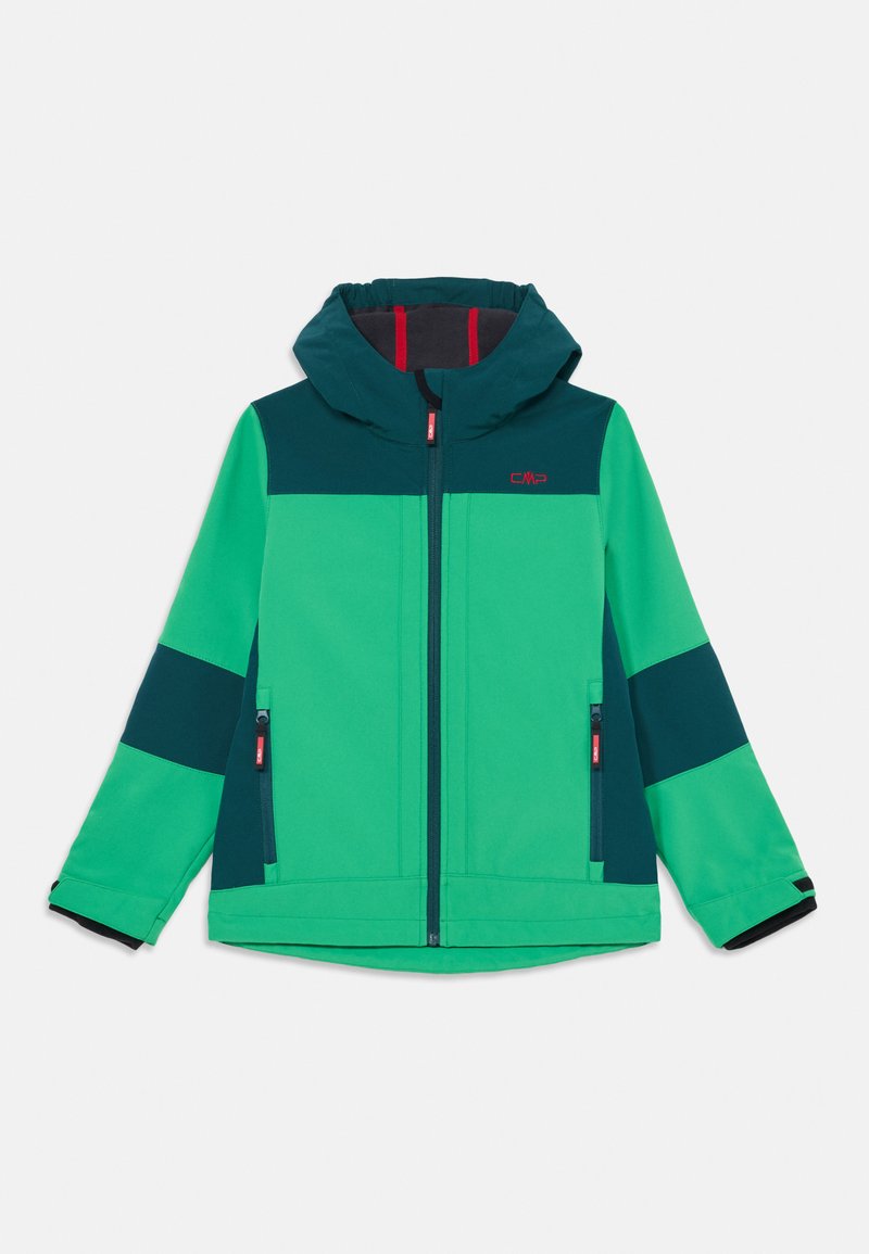 Veste verte et sarcelle avec une capuche, dotée d'une fermeture éclair à l'avant, de poches latérales et de détails d'accent rouge. Fabriquée en tissu lisse et léger.