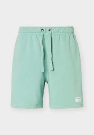 Bavlnené krátke nohavice mätovo zelenej farby s elastickým pásom, šnúrkou a malým bielym logom na spodnej ľavej nohe.