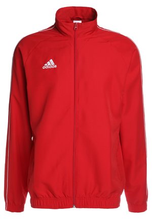 Red adidas zip-up jacket with high collar, white accents, and logo. Made of smooth fabric with elastic cuffs and hem.