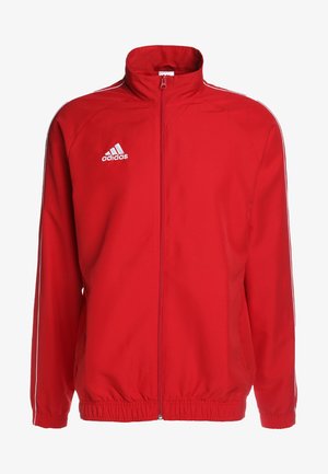 Red adidas zip-up jacket with high collar, white accents, and logo. Made of smooth fabric with elastic cuffs and hem.