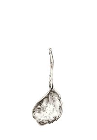 Silver spoon with an organic shape, textured finish, and elongated handle resembling a natural form. Reflective metallic surface.