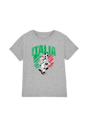 Gray t-shirt with cartoon dog balancing a soccer ball on its nose, Italian flag colors background, and large green "ITALIA" text above.