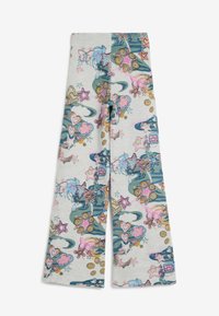 Dehnbare, ausgestellte Leggings aus hellgrauer Baumwolle mit bunten Mustern von Sternen, Blumen und Wirbeln in Rosa-, Blau- und Goldtönen.