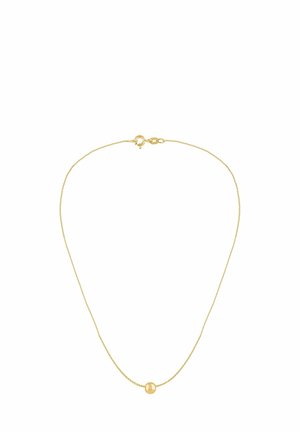 Auksinė grandinėlė su subtiliu, poliruotu rutulio formos pakabuku centre. Grandinėlė smulkiai susieta su užsegimu.