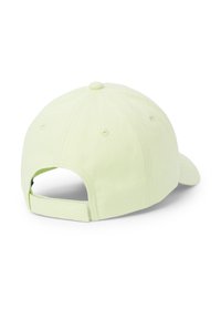 Cappello da baseball verde chiaro con visiera curva, texture in tessuto, sei pannelli, occhielli di ventilazione e una cinghia regolabile sul retro.