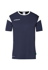 Marineblå sports skjorte med hvide detaljer på skuldrene, rund halsudskæring og Uhlsport-logo. Fremstillet af åndbart, let stof.