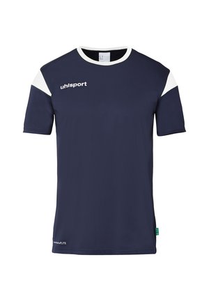 Marineblaue Sportshirt mit weißen Akzenten an den Schultern, Rundhalsausschnitt und Uhlsport-Logo. Hergestellt aus atmungsaktivem, leichtem Material.