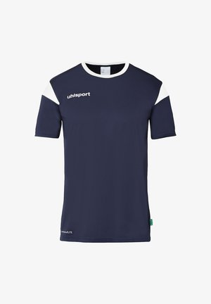 Marineblauwe sportshirt met witte accenten op de schouders, ronde hals en Uhlsport-logo. Gemaakt van ademend, lichtgewicht materiaal.