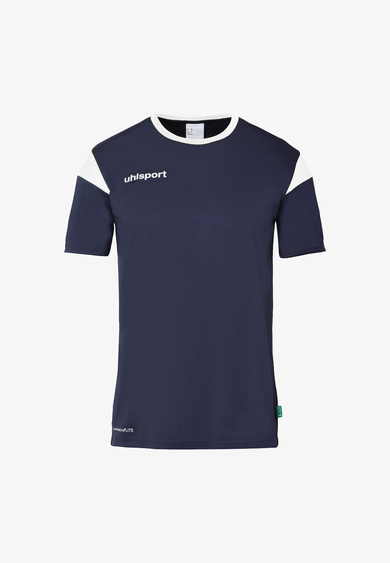 Marineblå sports skjorte med hvide detaljer på skuldrene, rund halsudskæring og Uhlsport-logo. Fremstillet af åndbart, let stof.