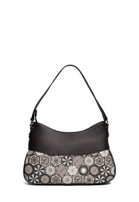 Torba hobo z teksturowanej czarnej skóry z wzorzystą dolną częścią, ozdobioną geometrycznymi kwiatami i fokami. Posiada jedną regulowaną rączkę na ramię.