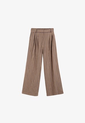 Pantalones beige de talle alto y pierna ancha con rayas verticales negras y pliegues, con trabillas para cinturón y cierre frontal.