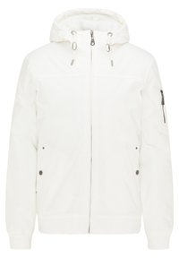 Witte gewatteerde jas van gladde stof, voorzien van een ritssluiting aan de voorkant, twee steekzakken aan de zijkant en een extra ritszak op de mouw.