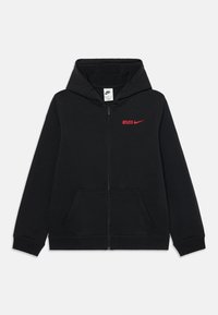 Czarna bluza z kapturem na pełny zamek, z czerwonym napisem "ATLETI" i logo Nike po lewej stronie klatki piersiowej. Dwie kieszenie z przodu. Mieszanka bawełny.