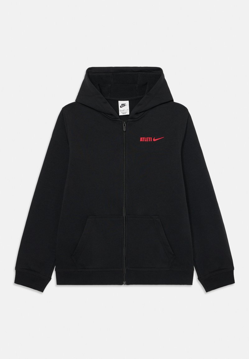 Czarna bluza z kapturem na pełny zamek, z czerwonym napisem "ATLETI" i logo Nike po lewej stronie klatki piersiowej. Dwie kieszenie z przodu. Mieszanka bawełny.