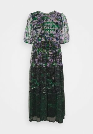 Maxikleid mit kurzen Puffärmeln, mehrfarbigem Blumenmuster in Grün, Lila und Schwarz, schichtweise Design und leichtem Stoff.