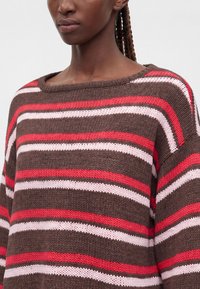 Femme portant un pull en maille marron avec des rayures horizontales rouges et roses, montrant le haut du corps et les cheveux tressés.
