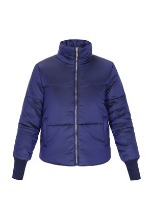 Námořnická modrá péřová bunda s vysokým límcem, předním zipovým zapínáním, žebrovanými manžetami a horizontálním prošíváním, disponující dvěma bočními kapsami.