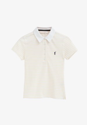 Weißes Poloshirt mit kurzen Ärmeln und hellgelben horizontalen Streifen, weißem Kragen, vorderen Knöpfen und kleinem dunkelblauem Golfer-Logo auf der linken Brust.