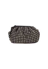 Schwarze, strukturiertes Lederhandtasche mit silbernen Nieten, mit gerafften Details und Reißverschluss. Kompakte und abgerundete Form.