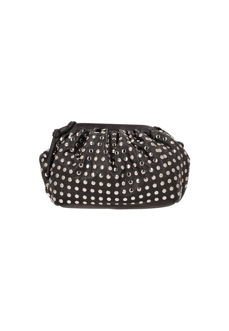 Schwarze, strukturiertes Lederhandtasche mit silbernen Nieten, mit gerafften Details und Reißverschluss. Kompakte und abgerundete Form.