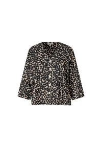 Blusa a maniche corte con bottoni nella parte frontale, in stampa leopardata nera e beige. Caratterizzata da una vestibilità comoda, scollo a V profondo e texture del tessuto liscia.