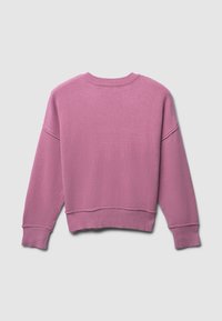 Rosa Pullover-Sweatshirt mit Rundhalsausschnitt, gerippten Bündchen und Saum sowie einer weichen Textur. Es hat eine lässige Passform und ein minimalistisches Design.