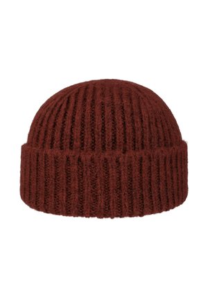 Brown ribbed knit beanie with a folded cuff, made of thick, fuzzy yarn for warmth and texture.