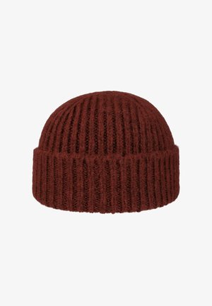Brown ribbed knit beanie with a folded cuff, made of thick, fuzzy yarn for warmth and texture.