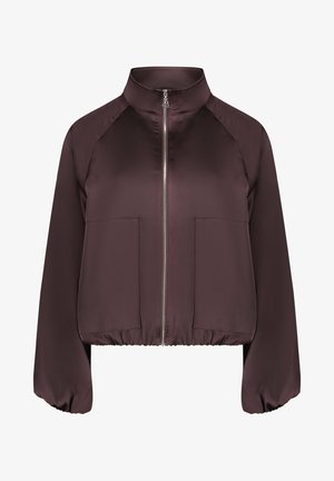 Burgundy satin bomber jacket with a high collar, full zip, two front pockets, elasticated hem and cuffs, featuring a smooth texture.