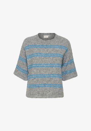 Gray short-sleeve sweater with soft texture, featuring horizontal blue stripes. Round neckline, relaxed fit, and ribbed hem detail.
