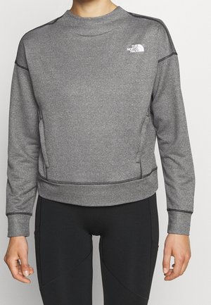 Person iført en grå North Face-sweatshirt med lange ærmer og sorte tætsiddende bukser, stående mod en ensfarvet baggrund.