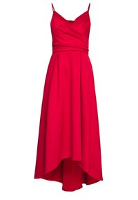 Red maxi dress with thin straps, cross-over bodice, and an asymmetric hem. Made from smooth fabric with a flowing texture.