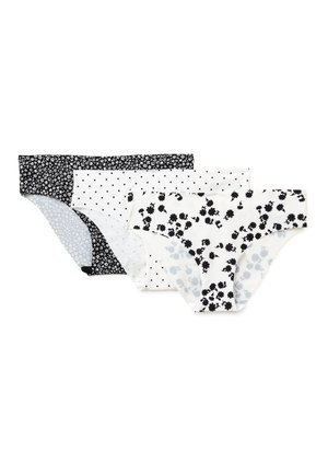 Drei Hipster-Slips für Frauen in Schwarz und Weiß: schwarz mit weißen Blumen, weiß mit schwarzen Punkten und weiß mit schwarzem Blumenmuster.