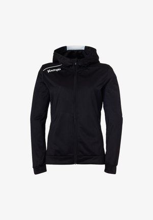 Schwarze Kapuzenjacke aus glattem Stoff, mit vollem Reißverschluss, elastischen Bündchen und weißem Logo auf der oberen linken Seite.