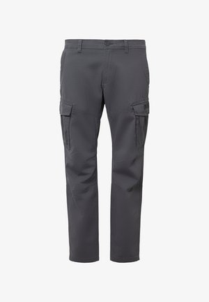 Grijze cargo-broeken van lichtgewicht stof, met meerdere zijzakken, riemlussen en recht gesneden pijpen voor een functioneel ontwerp.