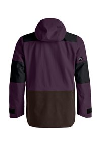 Water-resistant jacket featuring a purple body, black shoulder and arm panels, and a brown lower section with adjustable cuffs. Hoodie included.
