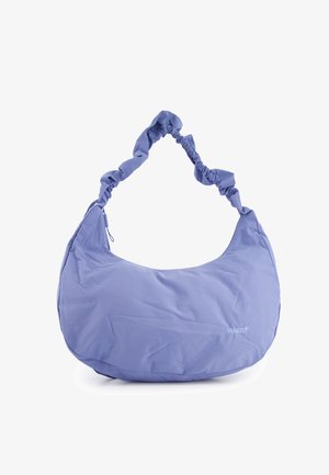 Light purple shoulder bag with ruched strap and zip closure, featuring small white "Venezia" logo on bottom right corner.