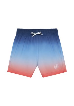 Jungen-Badeshorts mit blau-orangefarbenem Farbverlauf, elastischem Bund, weißem Kordelzug und kleinem weißem Logo am linken Bein.