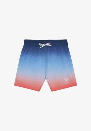Shorts de bain pour garçons avec un dégradé de bleu à orange, taille élastique, cordon blanc et petit logo blanc sur la jambe gauche.