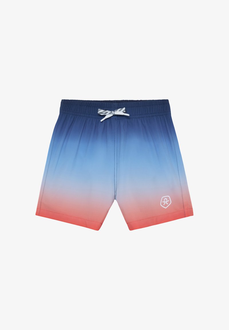 Shorts de bain pour garçons avec un dégradé de bleu à orange, taille élastique, cordon blanc et petit logo blanc sur la jambe gauche.
