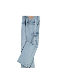 Lys blå denim cargo bukser med flere lommer, rett ben design, og et brunt logo merke på midjebåndet. Myk, strukturert stoff.